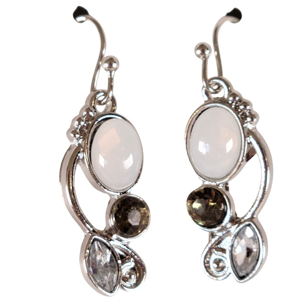 Silver Tone Dangle Earrings White Opal Brown Stones Drop Costume, Gift Bag